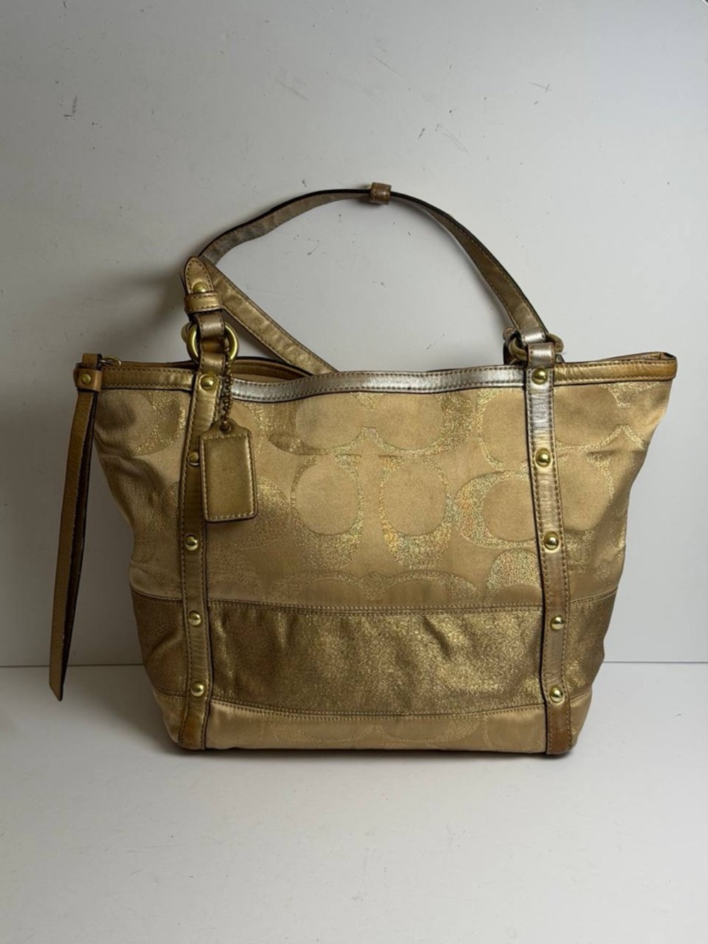 Coach Signature Stripe Studded Lurex Tote in a Gold Colorway